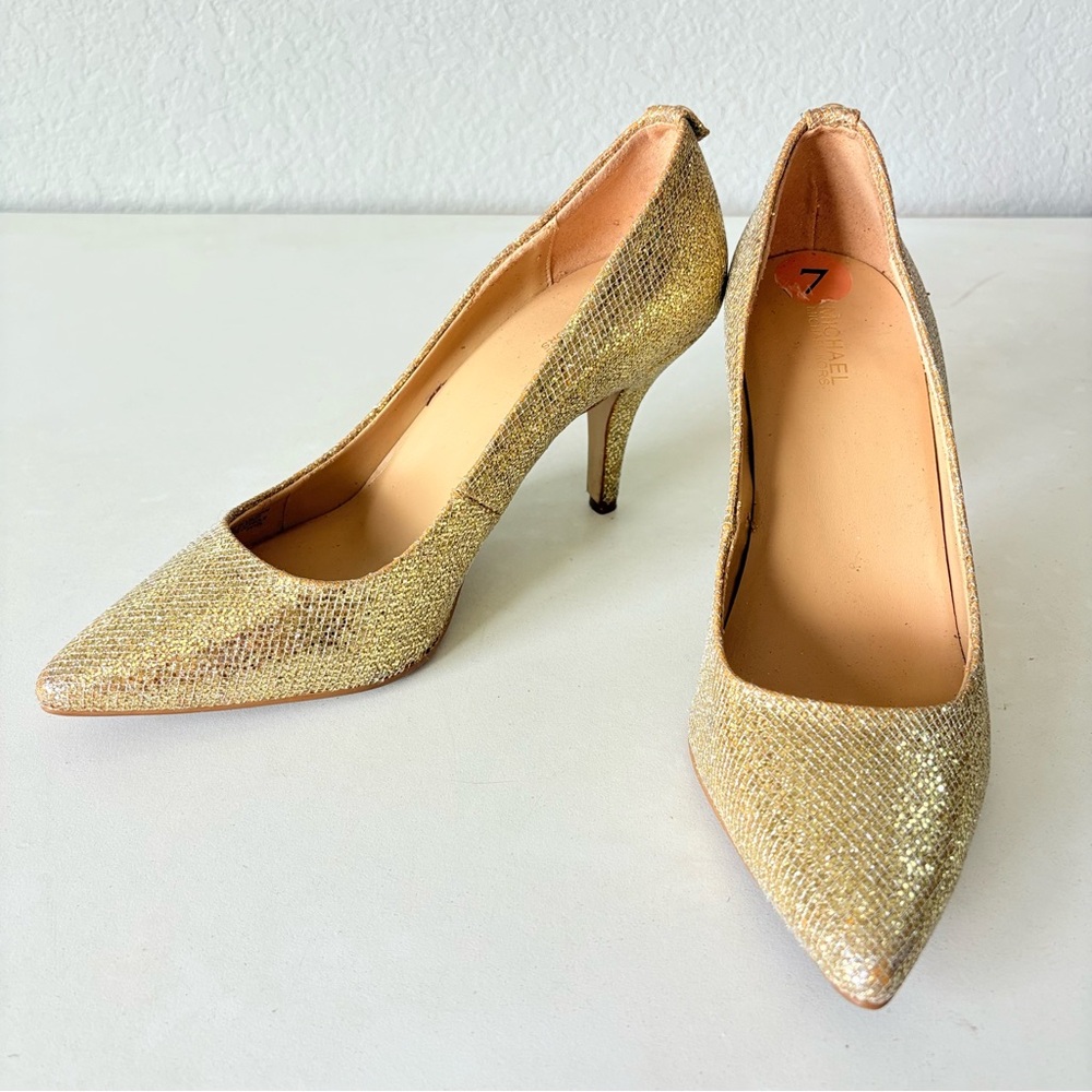 Michael Kors Gold TEXTILE Pumps High Heels Women’s Size 7 Bling Bling Ball Shoes